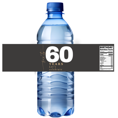 60th Birthday Water Bottle Labels | 60 Years Lets Celebrate | Party Table Decor | Glossy
