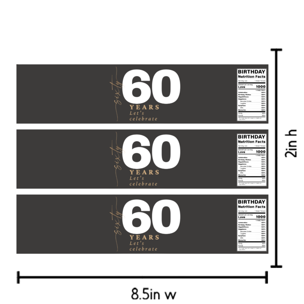 60th Birthday Water Bottle Labels | 60 Years Lets Celebrate | Party Table Decor | Glossy