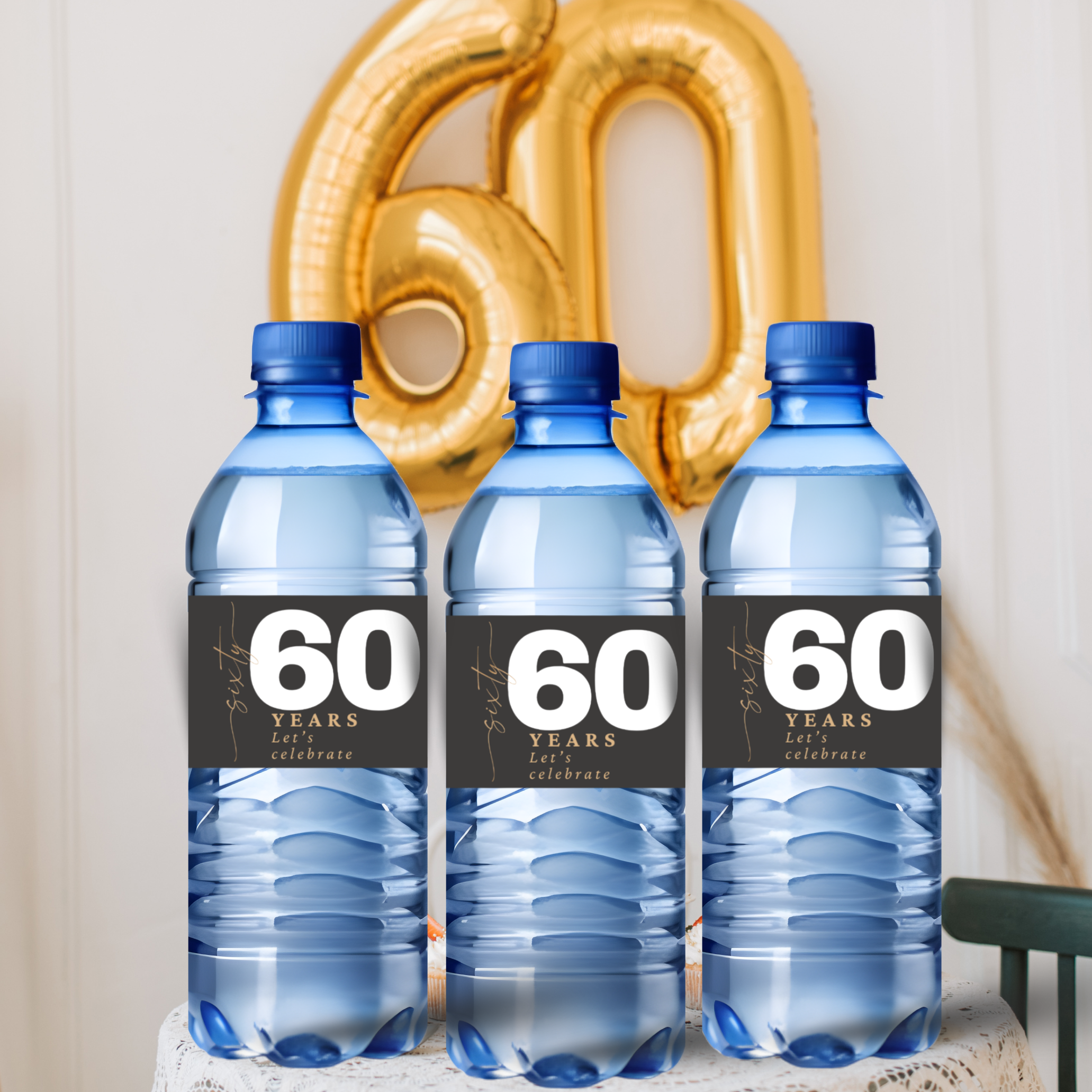 60th Birthday Water Bottle Labels | 60 Years Lets Celebrate | Party Table Decor | Glossy