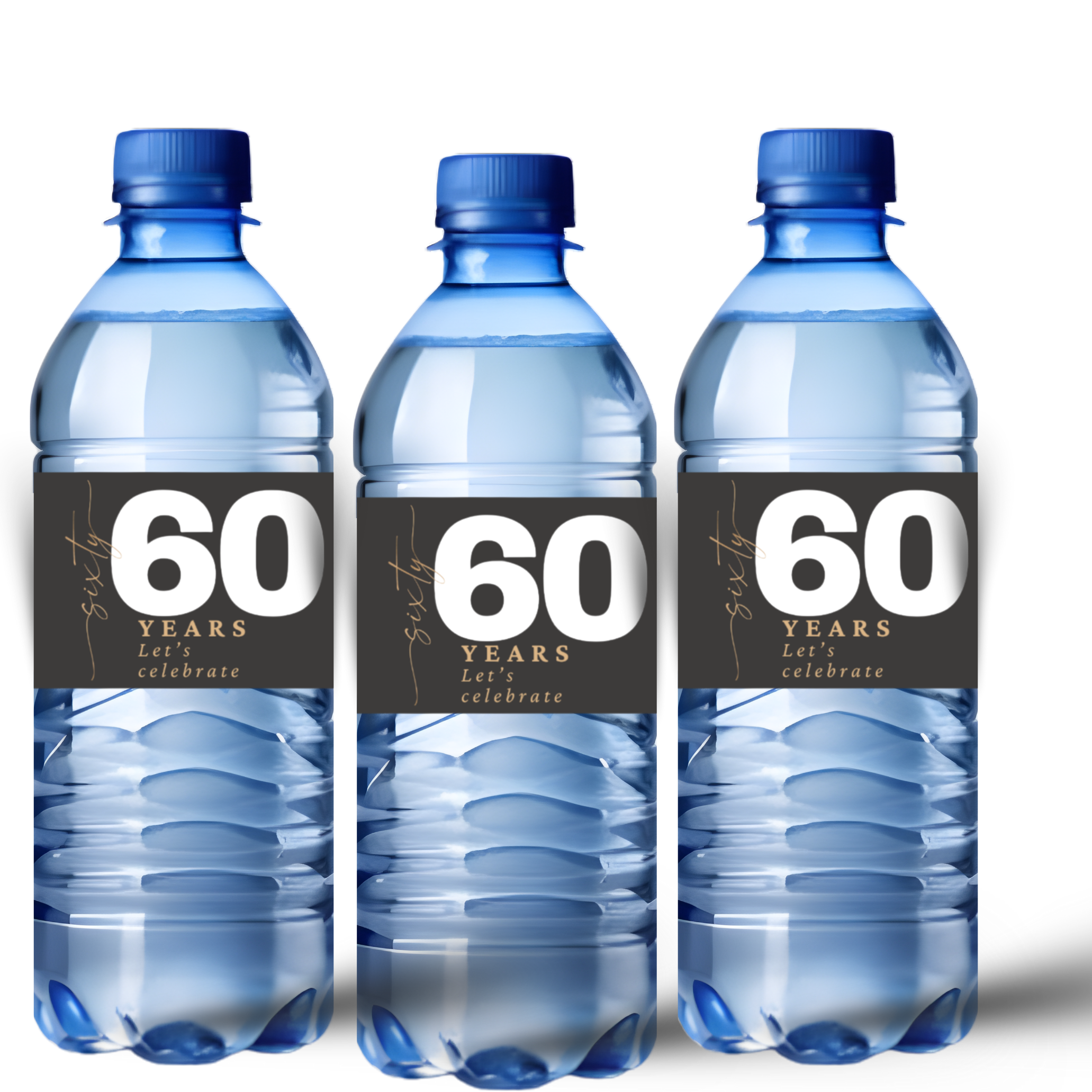 60th Birthday Water Bottle Labels | 60 Years Lets Celebrate | Party Table Decor | Glossy