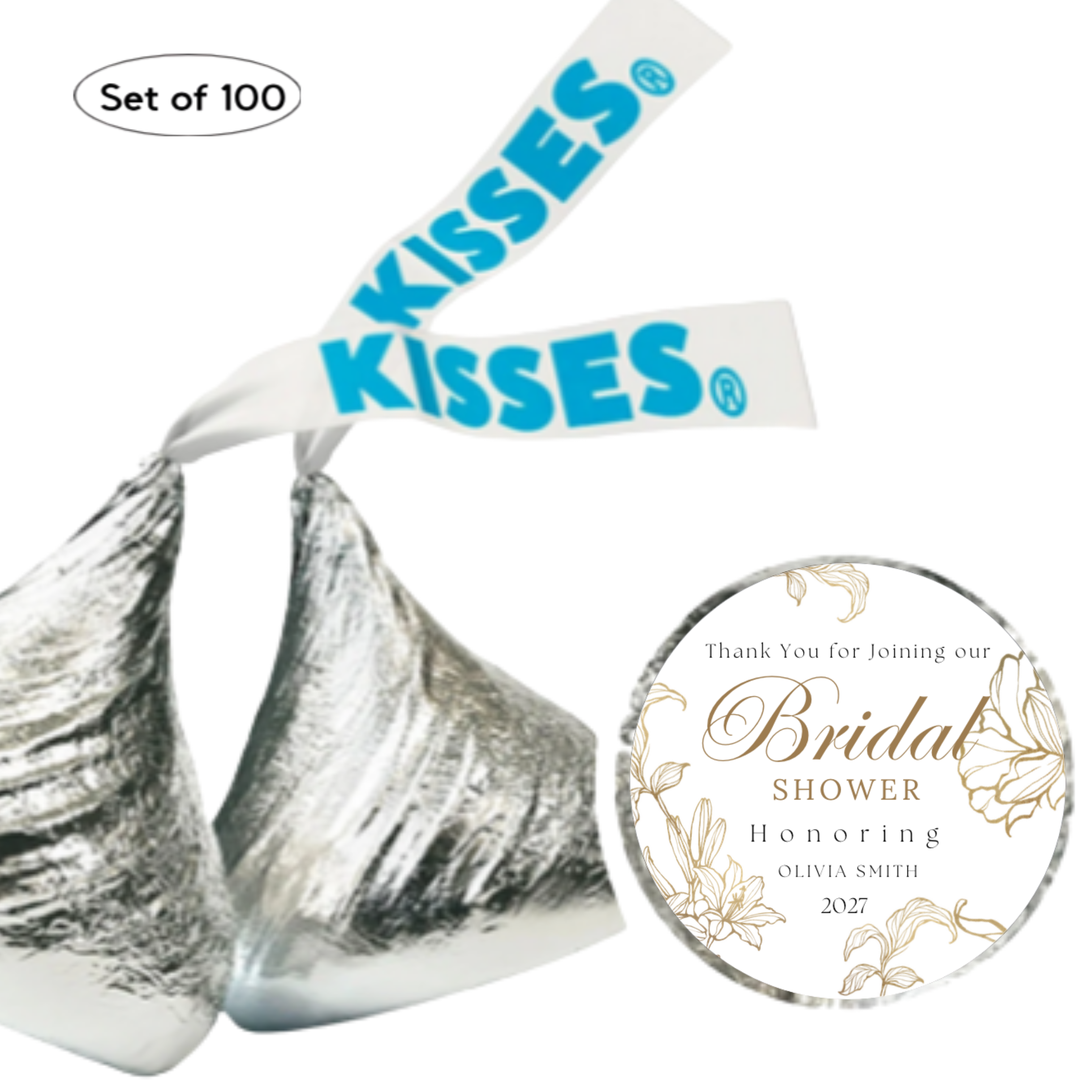 Elegant Bridal Shower Candy Kiss Labels | Personalized Bridal Shower Favors| 100ct|Glossy