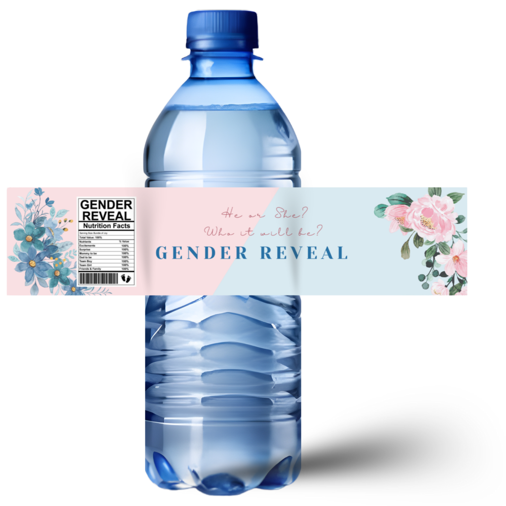 Floral Gender Reveal Water Bottle Labels | He or She Who Will Be | Baby Shower Party Decor | Glossy
