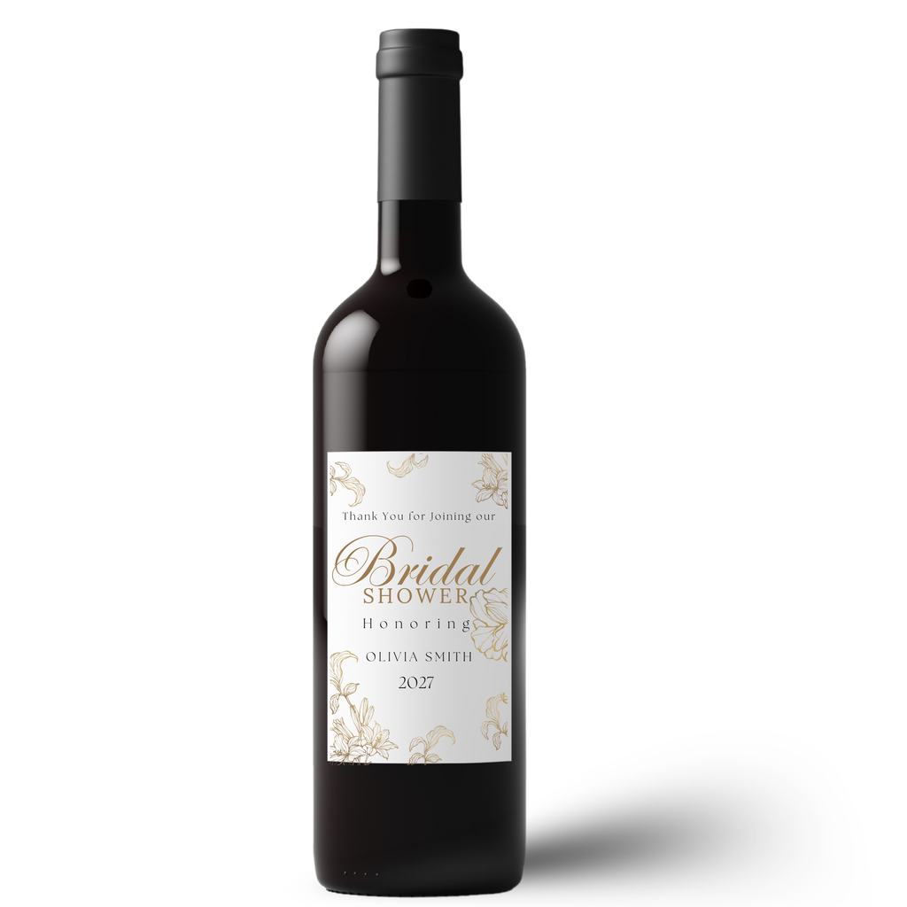 Personalized Bridal Shower Wine Labels | Glossy| White and Gold Floral Design | Custom Name and Year