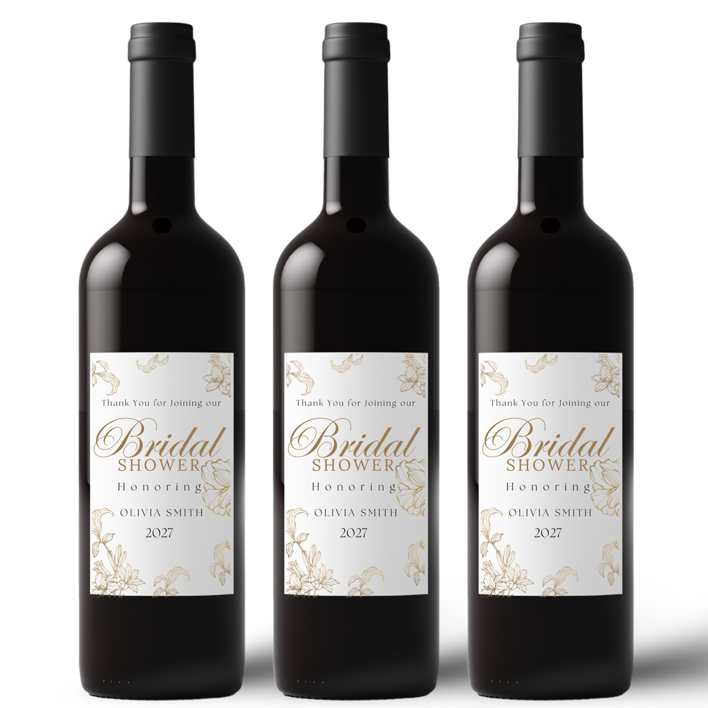 Personalized Bridal Shower Wine Labels | Glossy| White and Gold Floral Design | Custom Name and Year