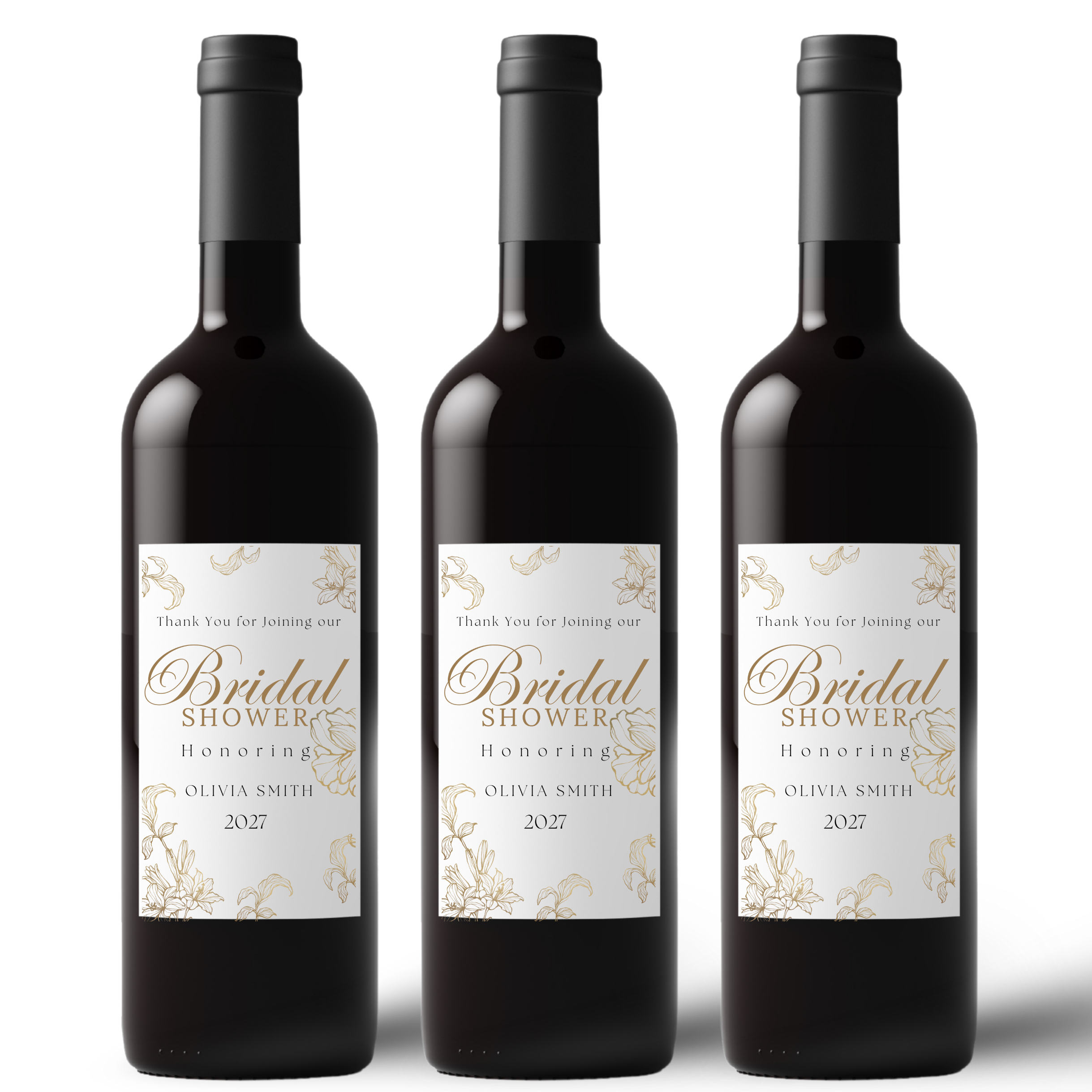 Personalized Bridal Shower Wine Labels | Glossy| White and Gold Floral Design | Custom Name and Year
