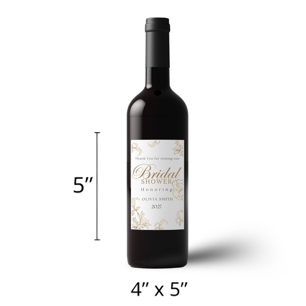 Personalized Bridal Shower Wine Labels | Glossy| White and Gold Floral Design | Custom Name and Year