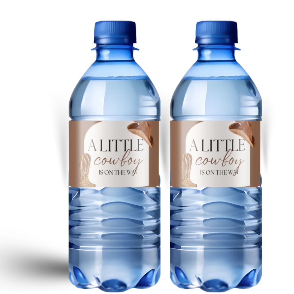 Cowboy Baby Shower Water Bottle Labels | Our Little Cowboy Is On The Way | Western Party Decor | Glossy