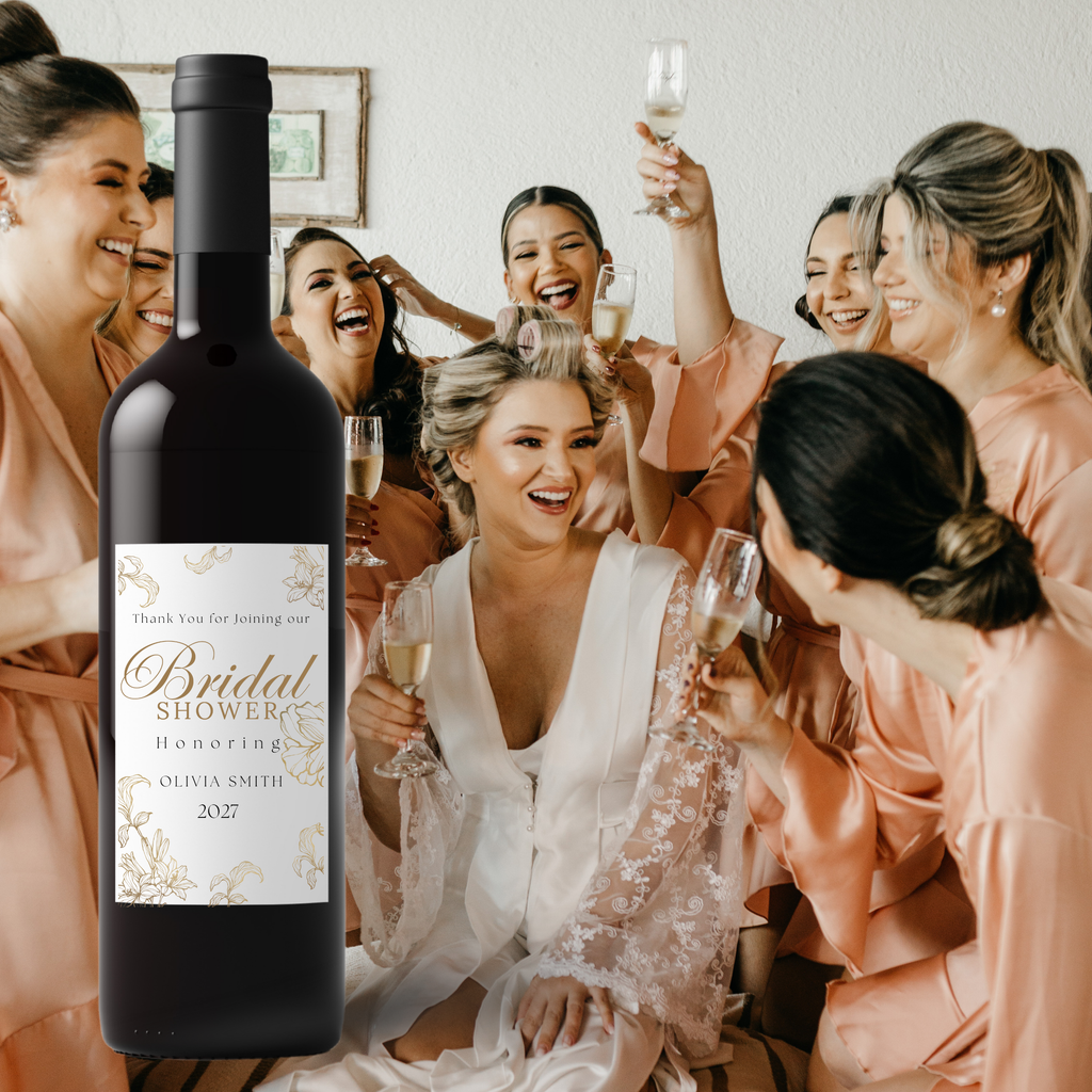 Personalized Bridal Shower Wine Labels | Glossy| White and Gold Floral Design | Custom Name and Year