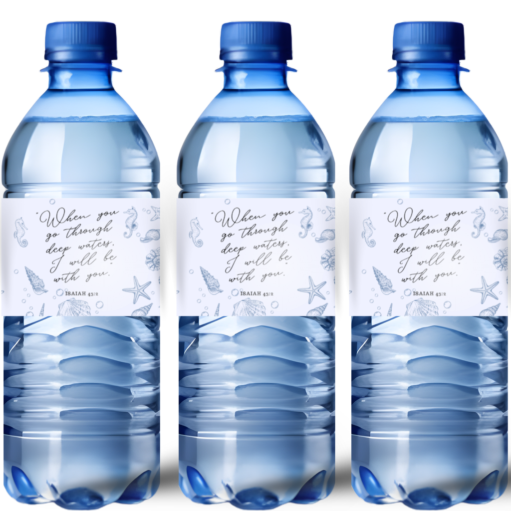 Faith Based Celebration Water Bottle Labels | Inspirational Scripture Favors | Water Bottle Wraps|Glossy|Ocean Theme