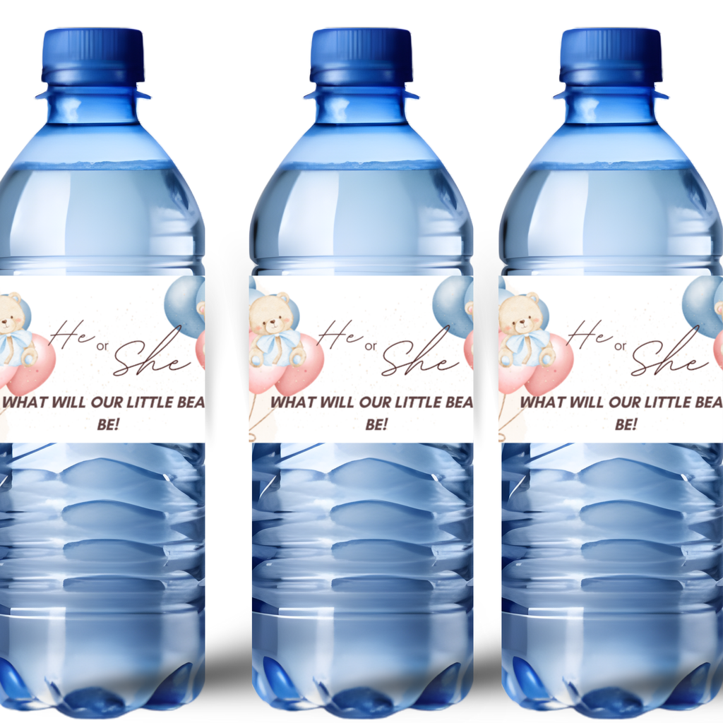 Teddy Bear Gender Reveal Water Bottle Labels | He or She What Will Our Little Bear Be | Baby Shower Party Decor | Glossy