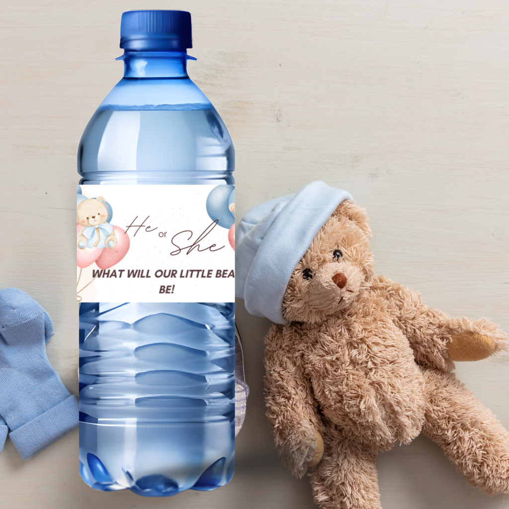 Teddy Bear Gender Reveal Water Bottle Labels | He or She What Will Our Little Bear Be | Baby Shower Party Decor | Glossy