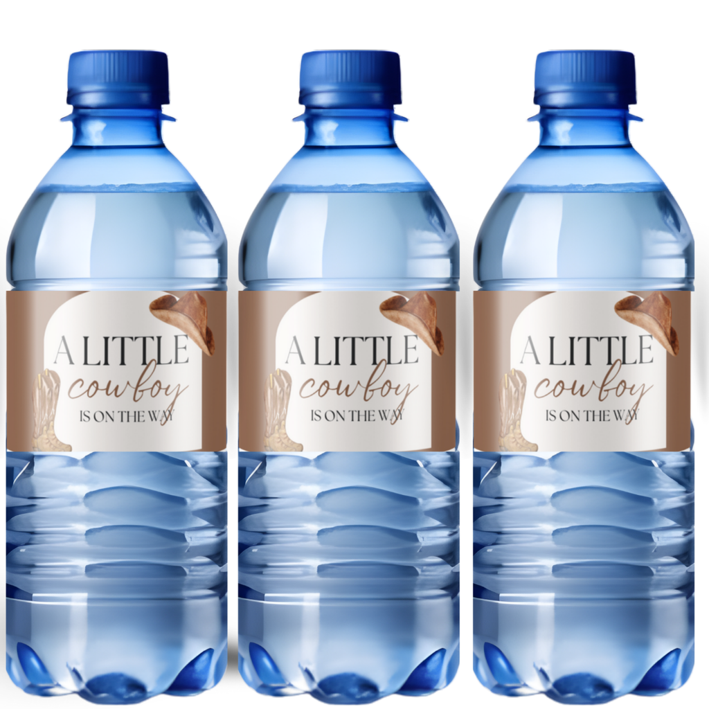 Cowboy Baby Shower Water Bottle Labels | Our Little Cowboy Is On The Way | Western Party Decor | Glossy