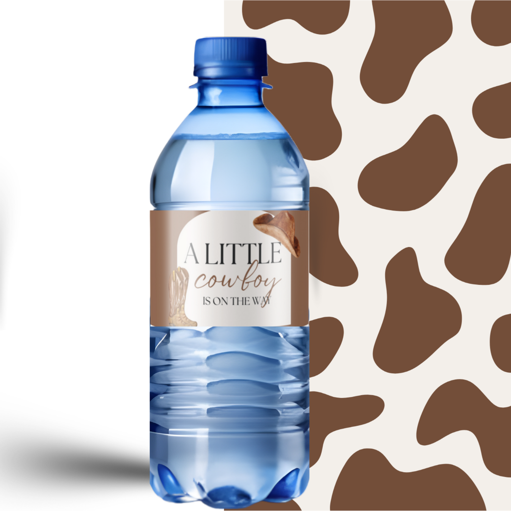 Cowboy Baby Shower Water Bottle Labels | Our Little Cowboy Is On The Way | Western Party Decor | Glossy