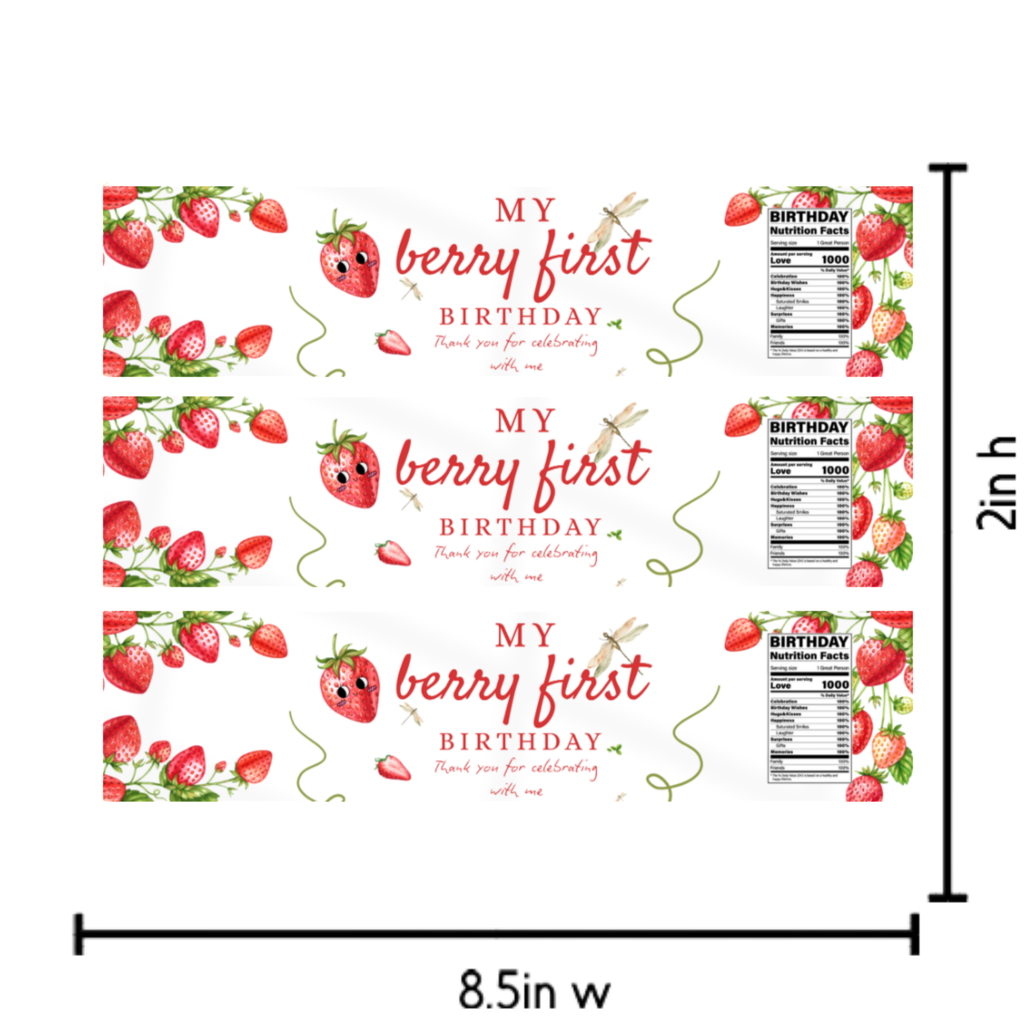 Strawberry First Birthday Water Bottle Labels | My Berry First Birthday| Thank You Message | Party Table Accents |12| Glossy | 1st Birthday