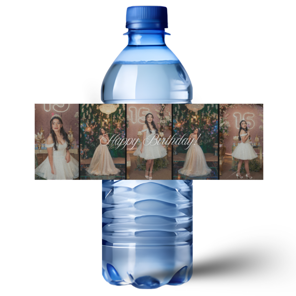 Personalized Birthday Water Bottle Labels | Photo Collage of 5 Pictures | Happy Birthday Cursive Font | Glossy