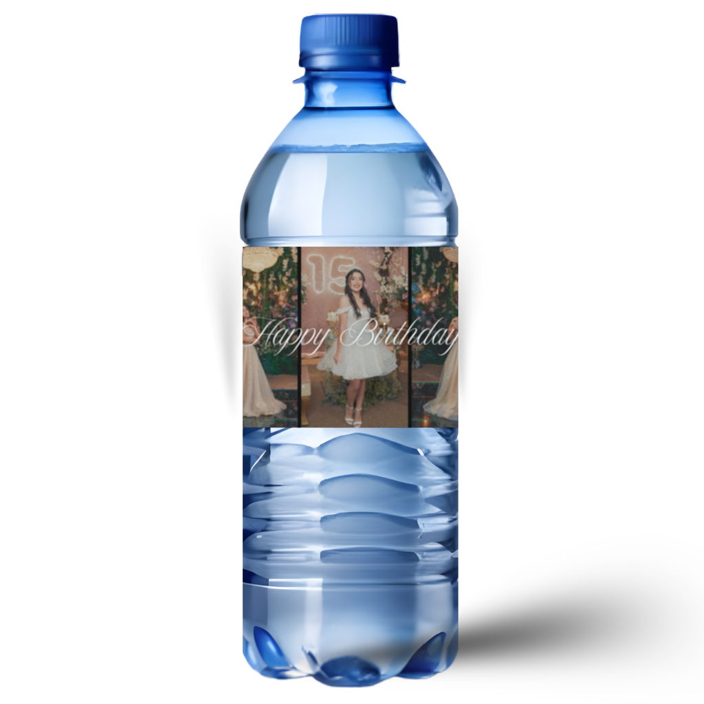 Personalized Birthday Water Bottle Labels | Photo Collage of 5 Pictures | Happy Birthday Cursive Font | Glossy