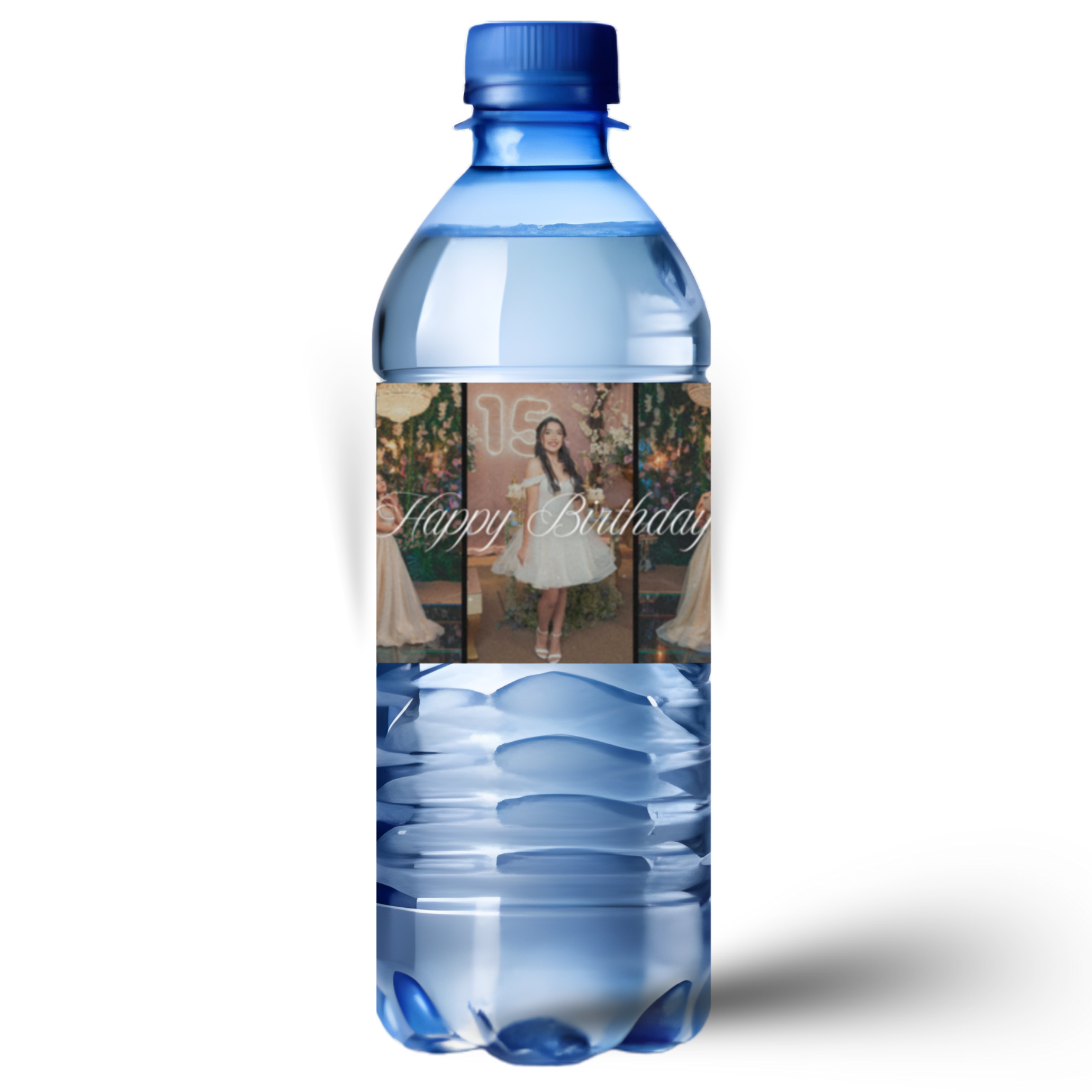 Personalized Birthday Water Bottle Labels | Photo Collage of 5 Pictures | Happy Birthday Cursive Font | Glossy