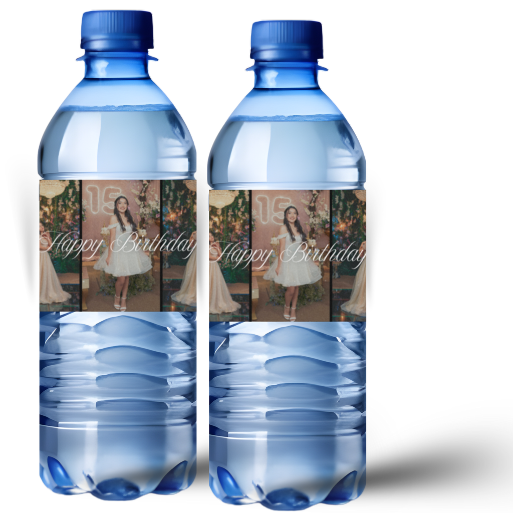 Personalized Birthday Water Bottle Labels | Photo Collage of 5 Pictures | Happy Birthday Cursive Font | Glossy