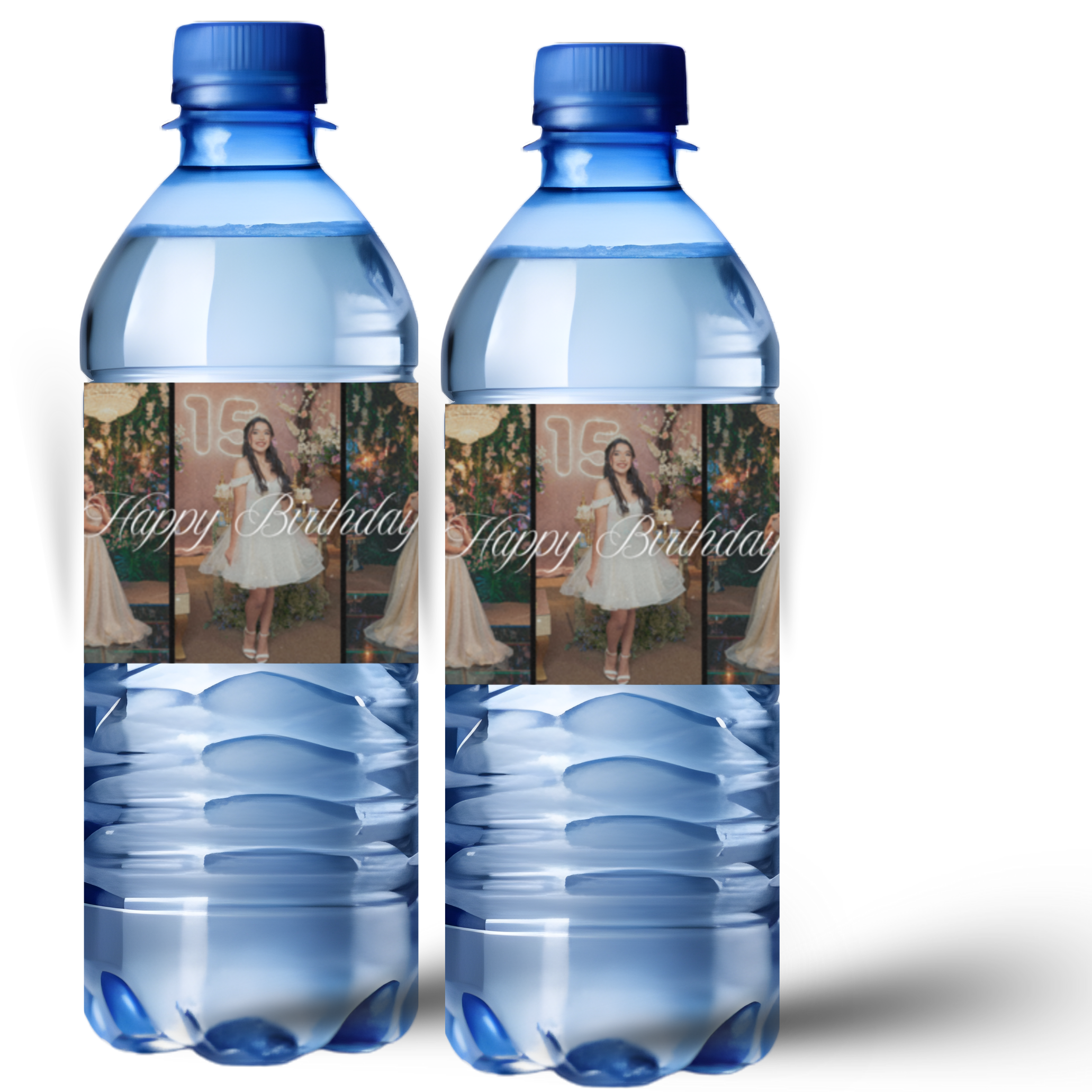 Personalized Birthday Water Bottle Labels | Photo Collage of 5 Pictures | Happy Birthday Cursive Font | Glossy
