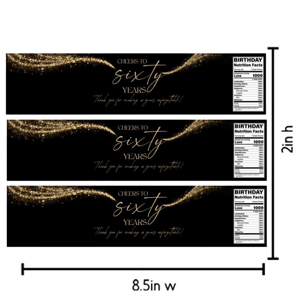Cheers to 60 Years Water Bottle Labels | 60th Birthday| Celebrate 60 Years in Style | Glossy| Set of 12