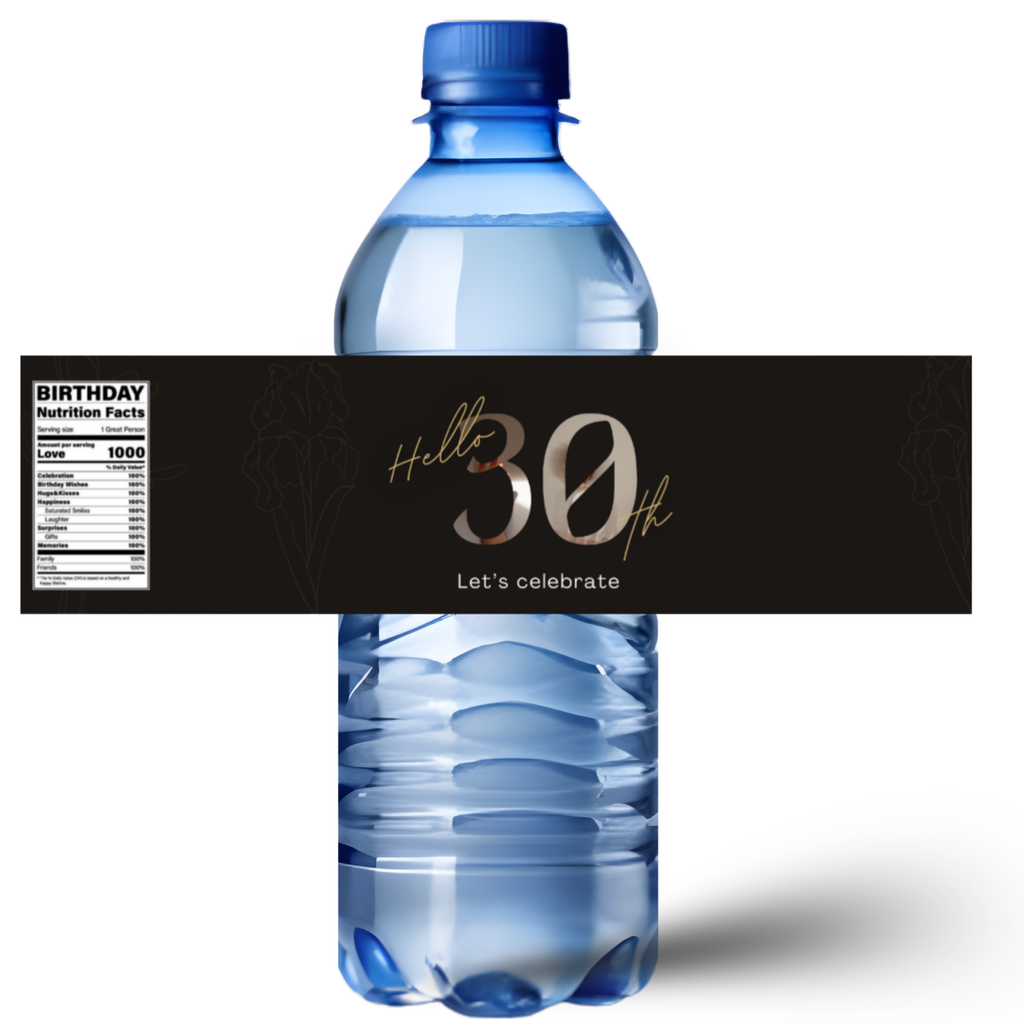 30th Birthday Water Bottle Labels | Hello 30th Lets Celebrate | Party Table Bottle Wraps | Glossy