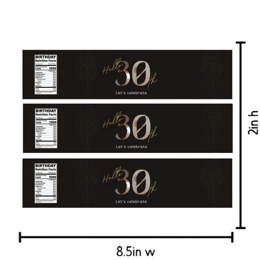 30th Birthday Water Bottle Labels | Hello 30th Lets Celebrate | Party Table Bottle Wraps | Glossy