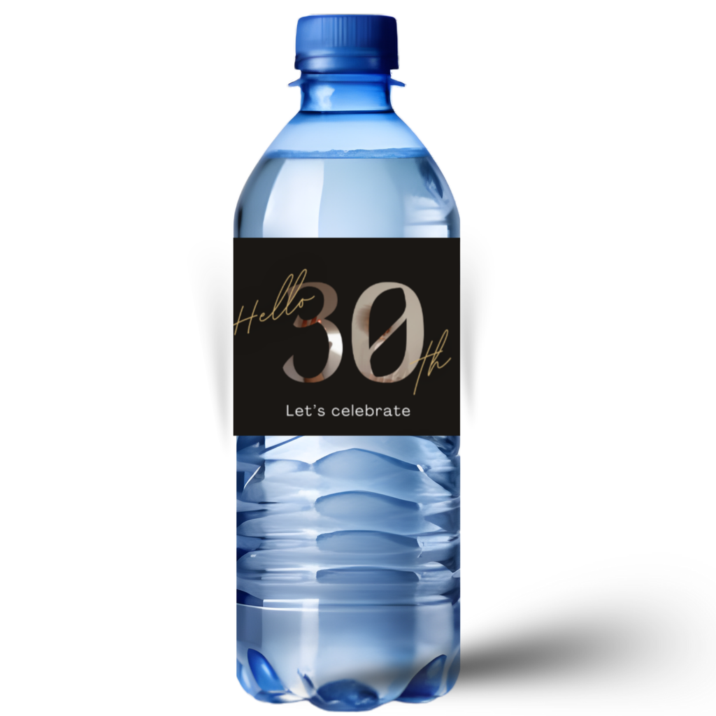 30th Birthday Water Bottle Labels | Hello 30th Lets Celebrate | Party Table Bottle Wraps | Glossy