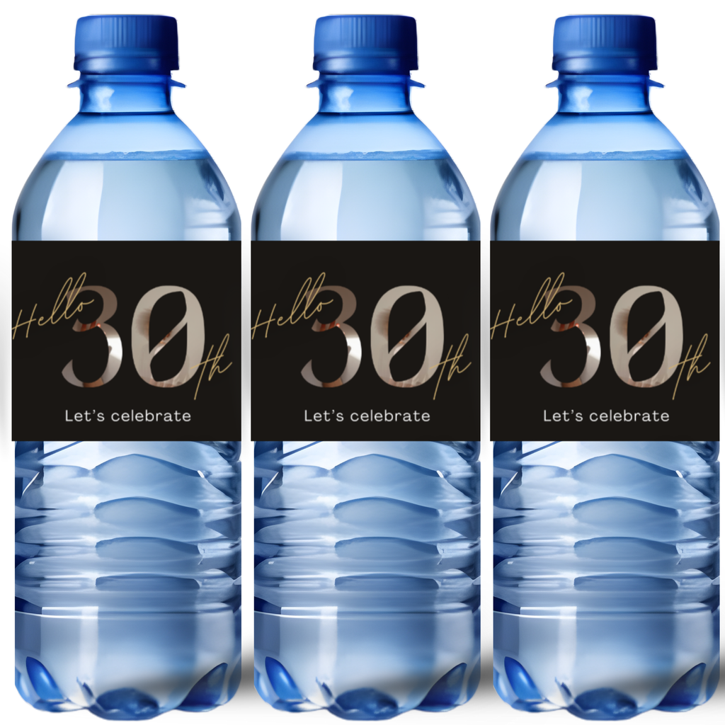 30th Birthday Water Bottle Labels | Hello 30th Lets Celebrate | Party Table Bottle Wraps | Glossy