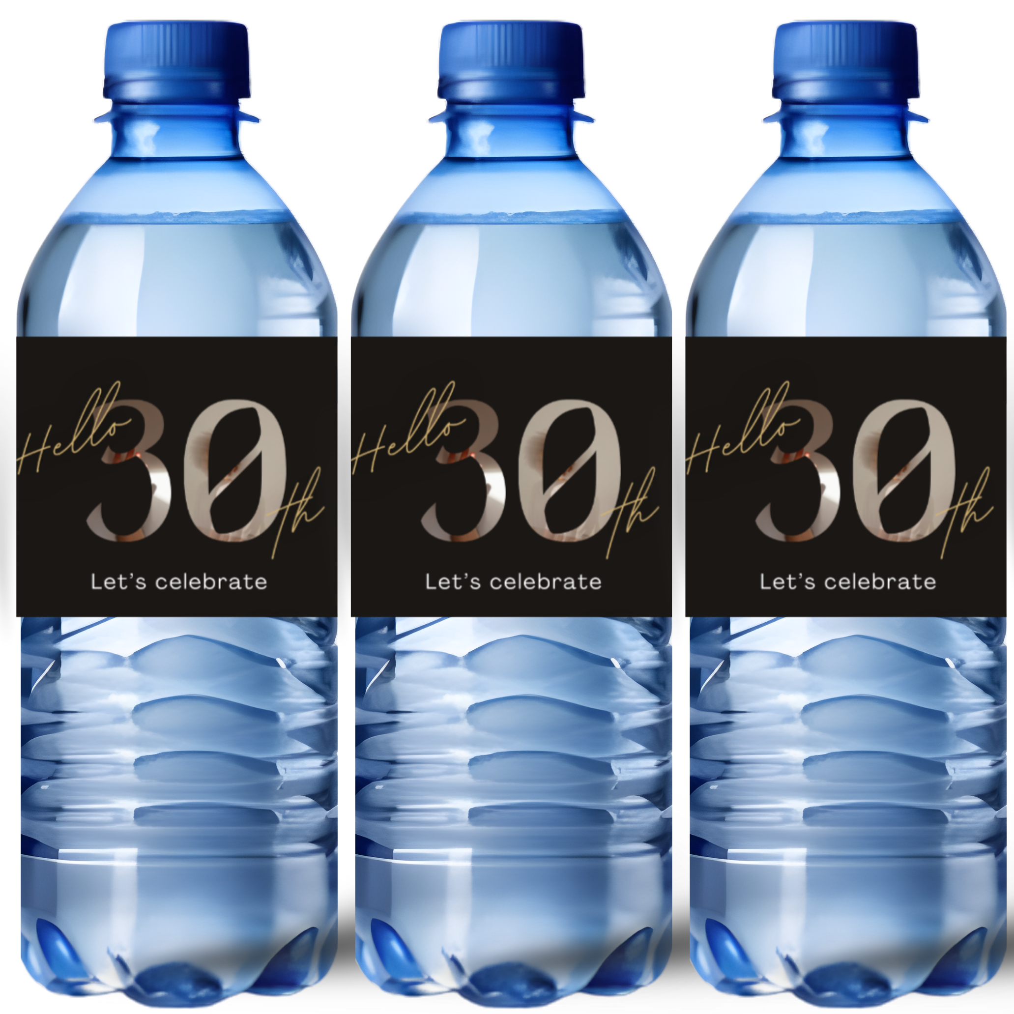 30th Birthday Water Bottle Labels | Hello 30th Lets Celebrate | Party Table Bottle Wraps | Glossy
