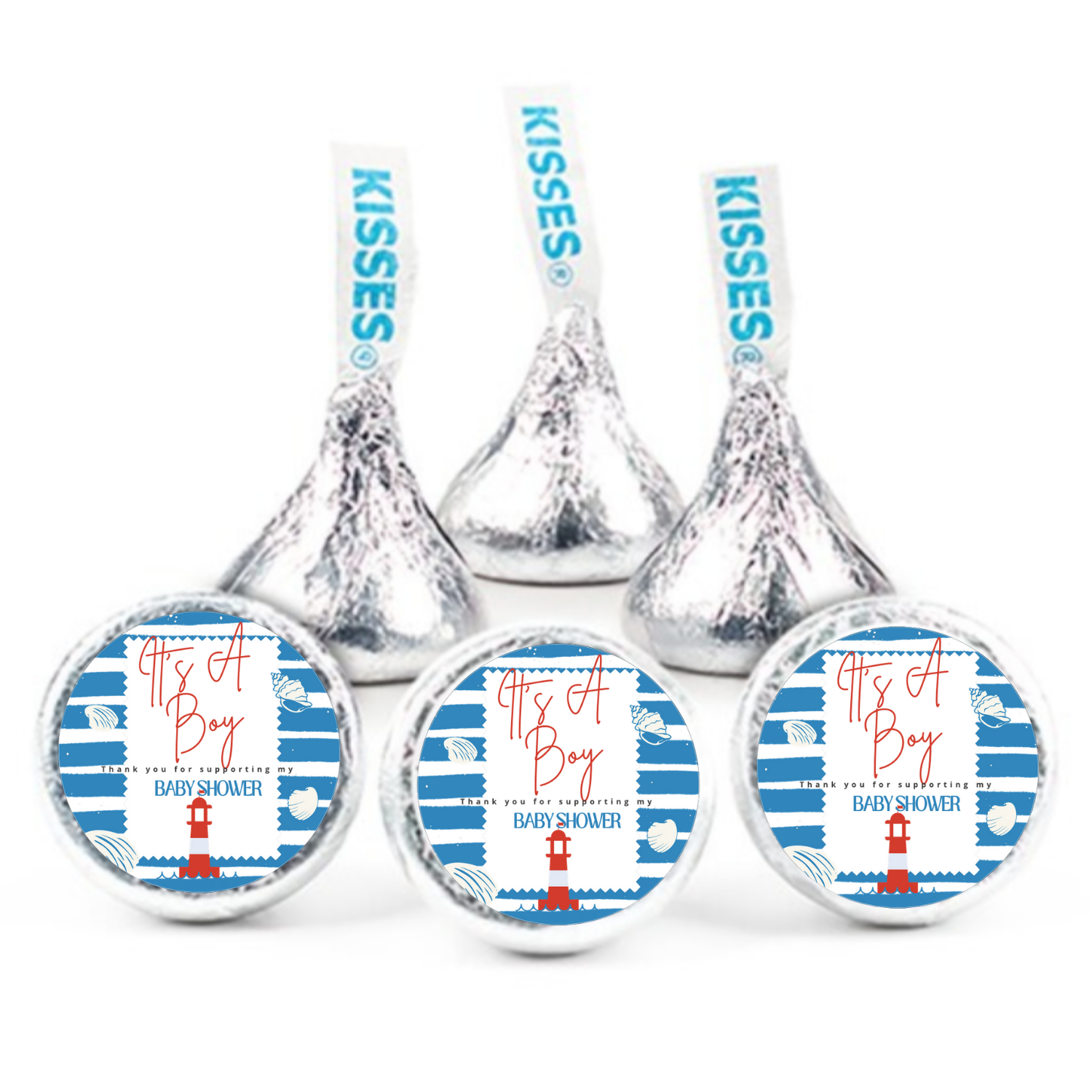 Nautical Baby Shower Chocolate Candy Labels, Blue and White Nautical Theme, It's A Boy Design, Set of 100