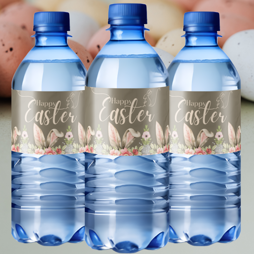 Happy Easter Water Bottle Labels | Bunny Ears Floral Design | Spring Party Decor |12ct| Glossy