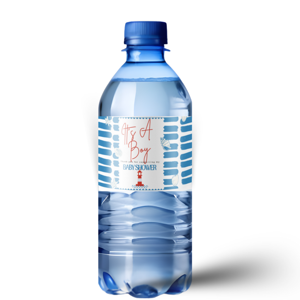 Baby Shower Water Bottle Labels, Nautical Theme, Blue and White, Self-Adhesive Waterproof, 8.5 x 2 Inches, Pack of 12