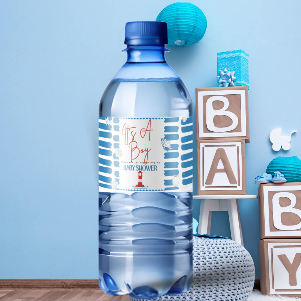 Baby Shower Water Bottle Labels, Nautical Theme, Blue and White, Self-Adhesive Waterproof, 8.5 x 2 Inches, Pack of 12