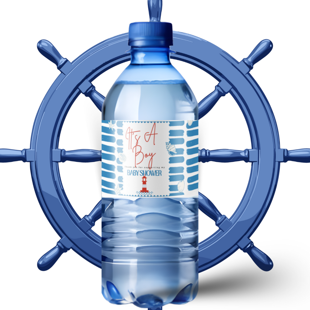 Baby Shower Water Bottle Labels, Nautical Theme, Blue and White, Self-Adhesive Waterproof, 8.5 x 2 Inches, Pack of 12