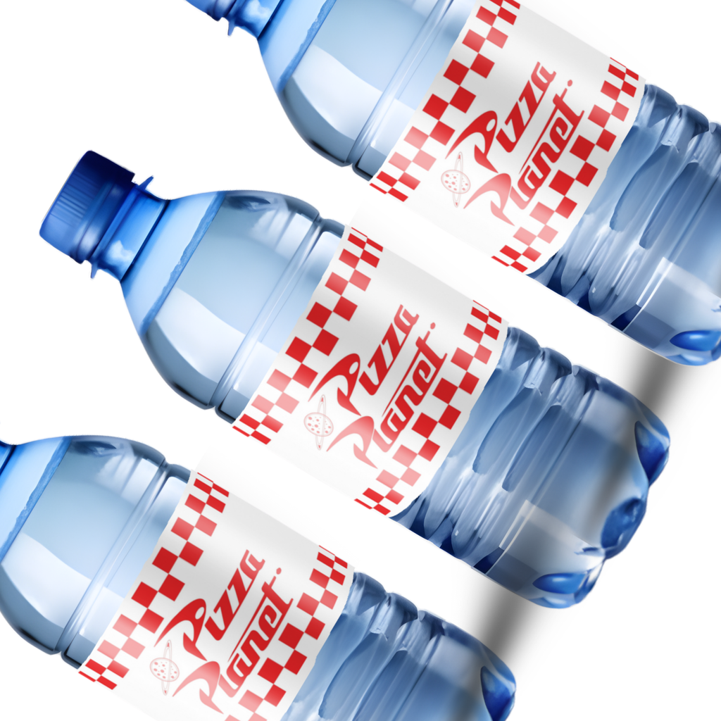 Pizza Planet Water Bottle Labels |Pizza Planet Theme | Glossy Water Bottle Wraps | Party Table Decor