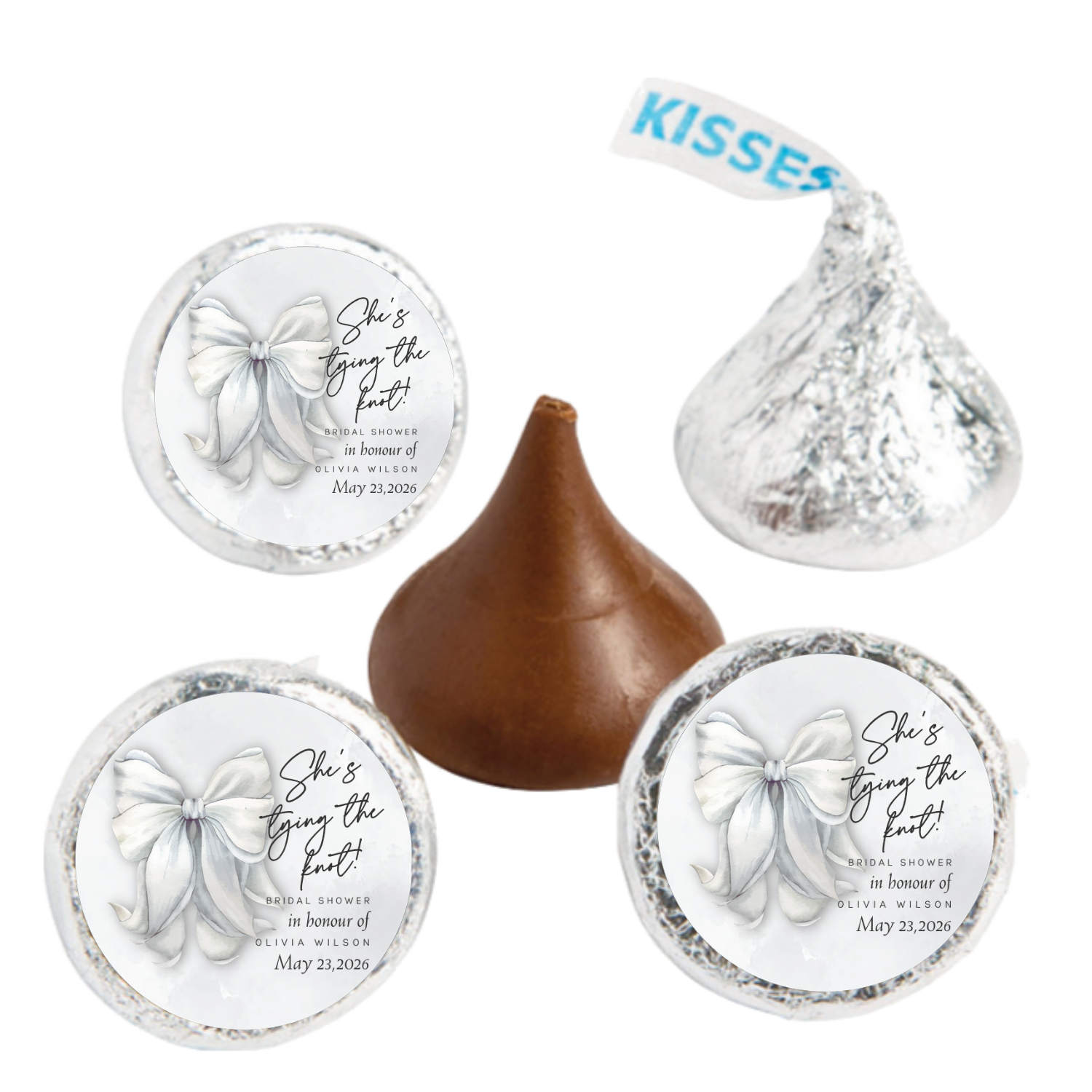Personalized Bridal Shower Candy Stickers, White Floral Design, 0.75 x 0.75 Inch Round Labels, Set of 100