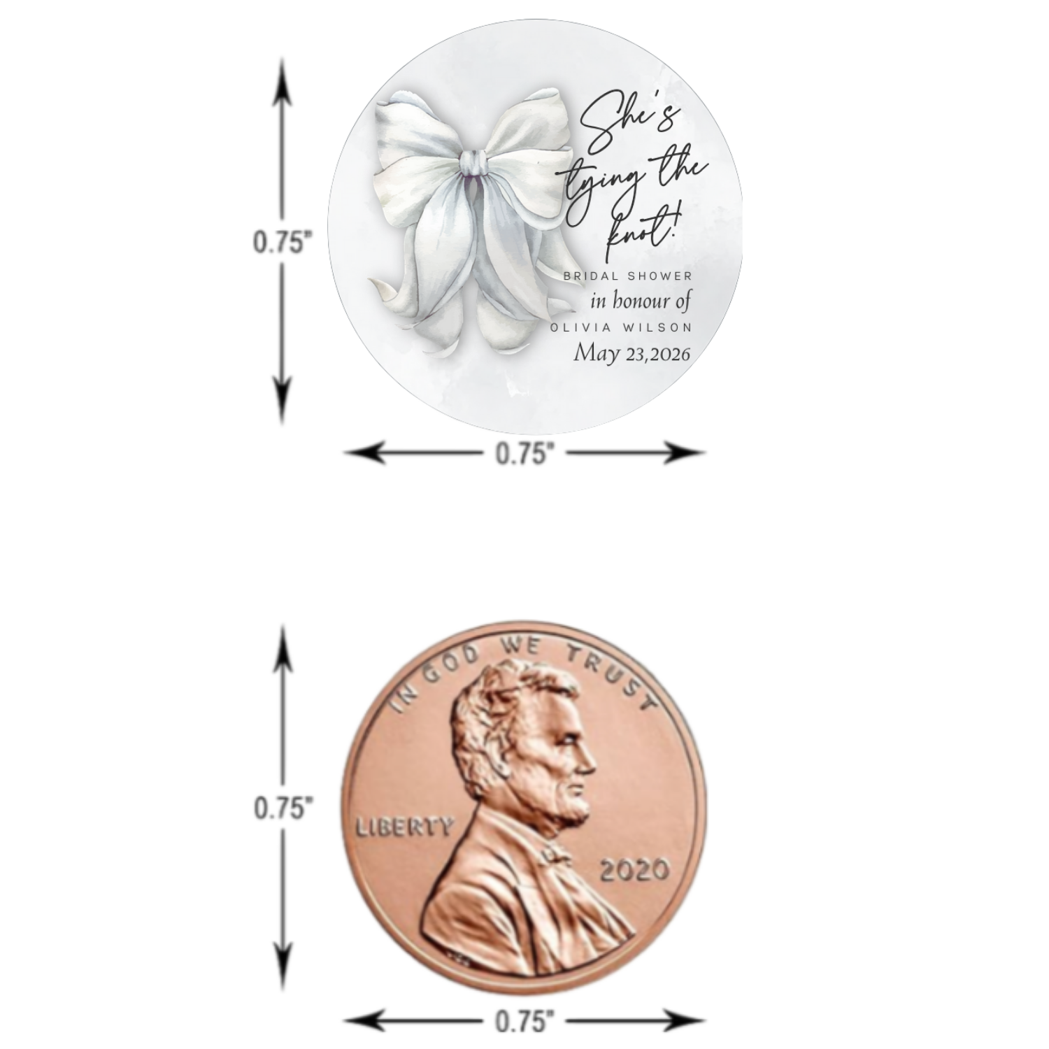 Personalized Bridal Shower Candy Stickers, White Floral Design, 0.75 x 0.75 Inch Round Labels, Set of 100