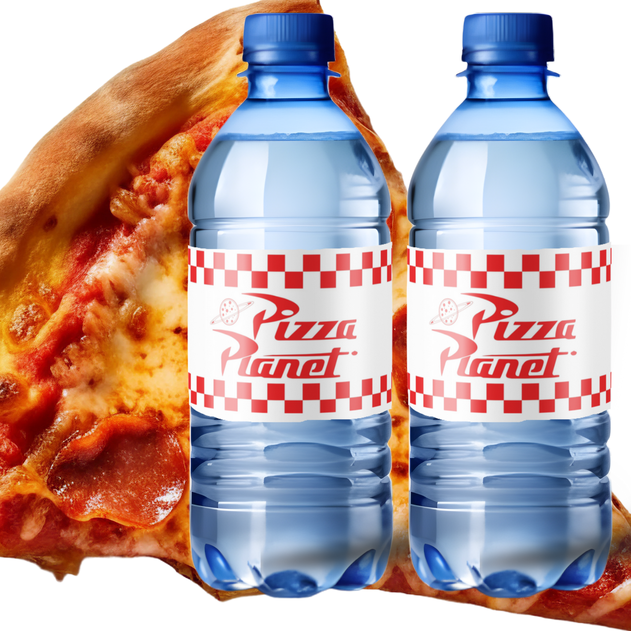 Pizza Planet Water Bottle Labels |Pizza Planet Theme | Glossy Water Bottle Wraps | Party Table Decor