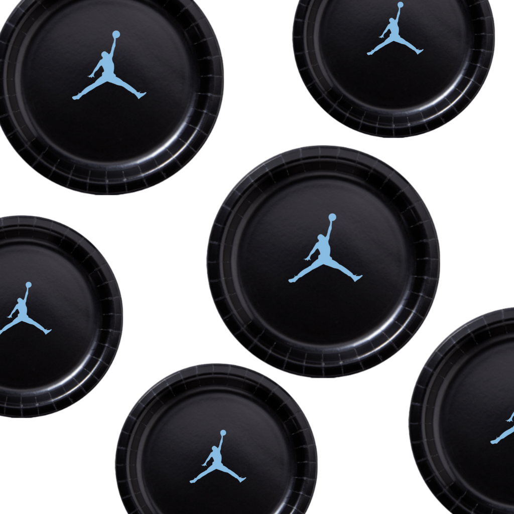 Custom shoe Paper Party Plates Set, Black w/ Blue, 60 Count, Basketball, Jumpman
