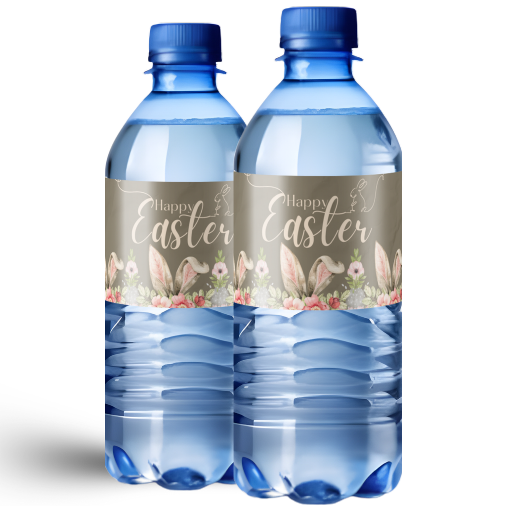 Happy Easter Water Bottle Labels | Bunny Ears Floral Design | Spring Party Decor |12ct| Glossy