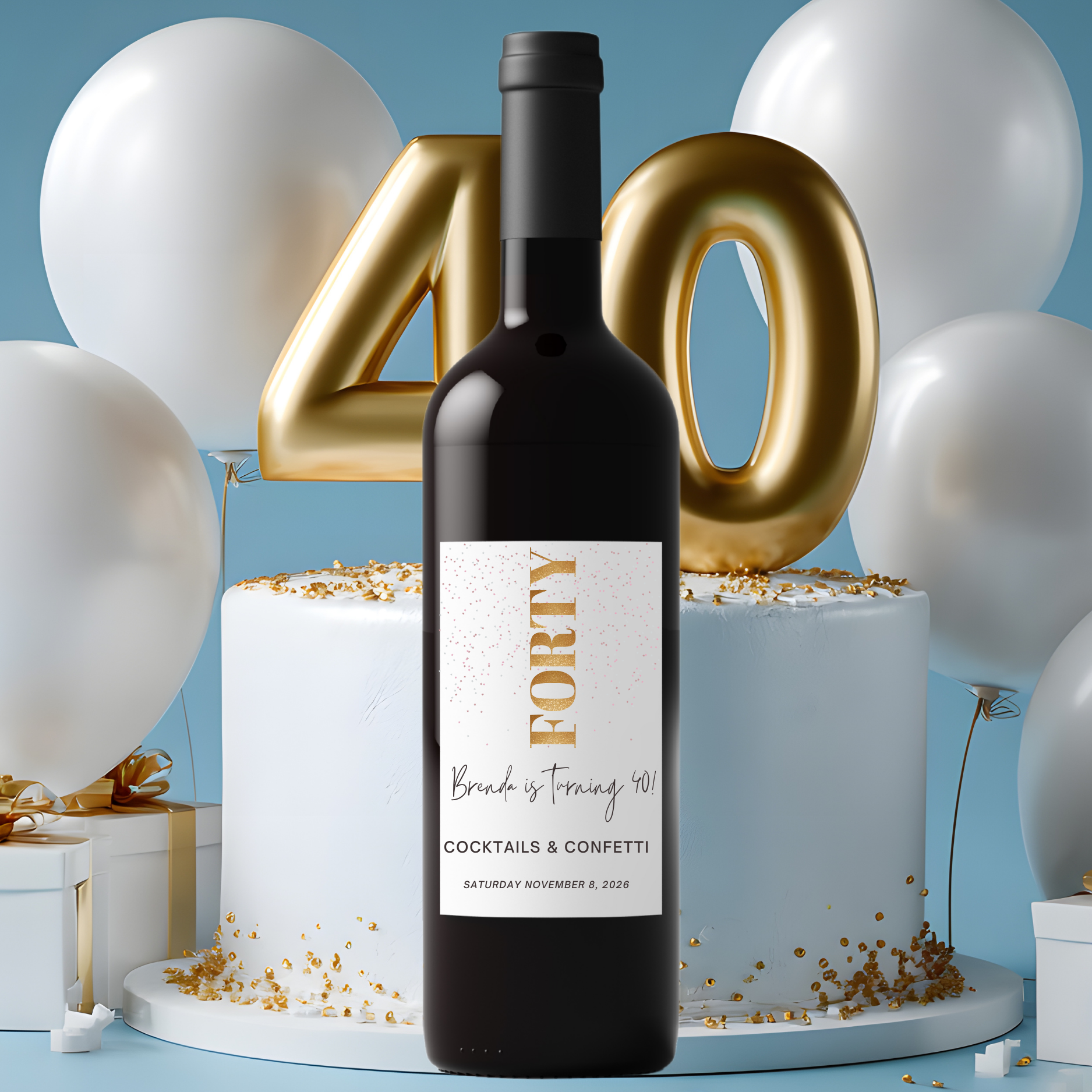Personalized Name 40th Birthday Wine Bottle Labels| Glossy| Custom Bottle Stickers|4ct