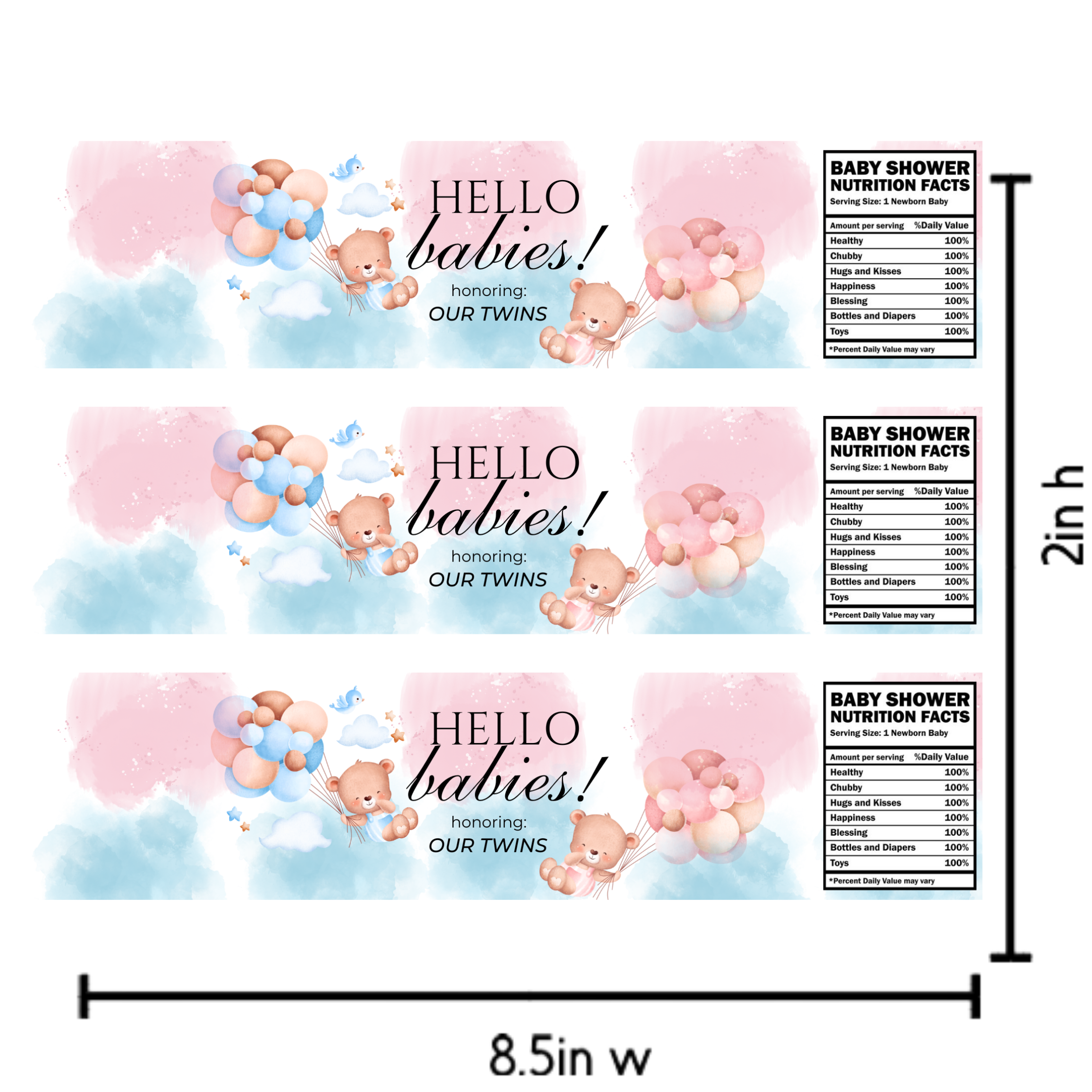 Twins Baby Shower Water Bottle Labels | Hello Babies Theme | Blue Pink Clouds and Teddy Bears | Glossy