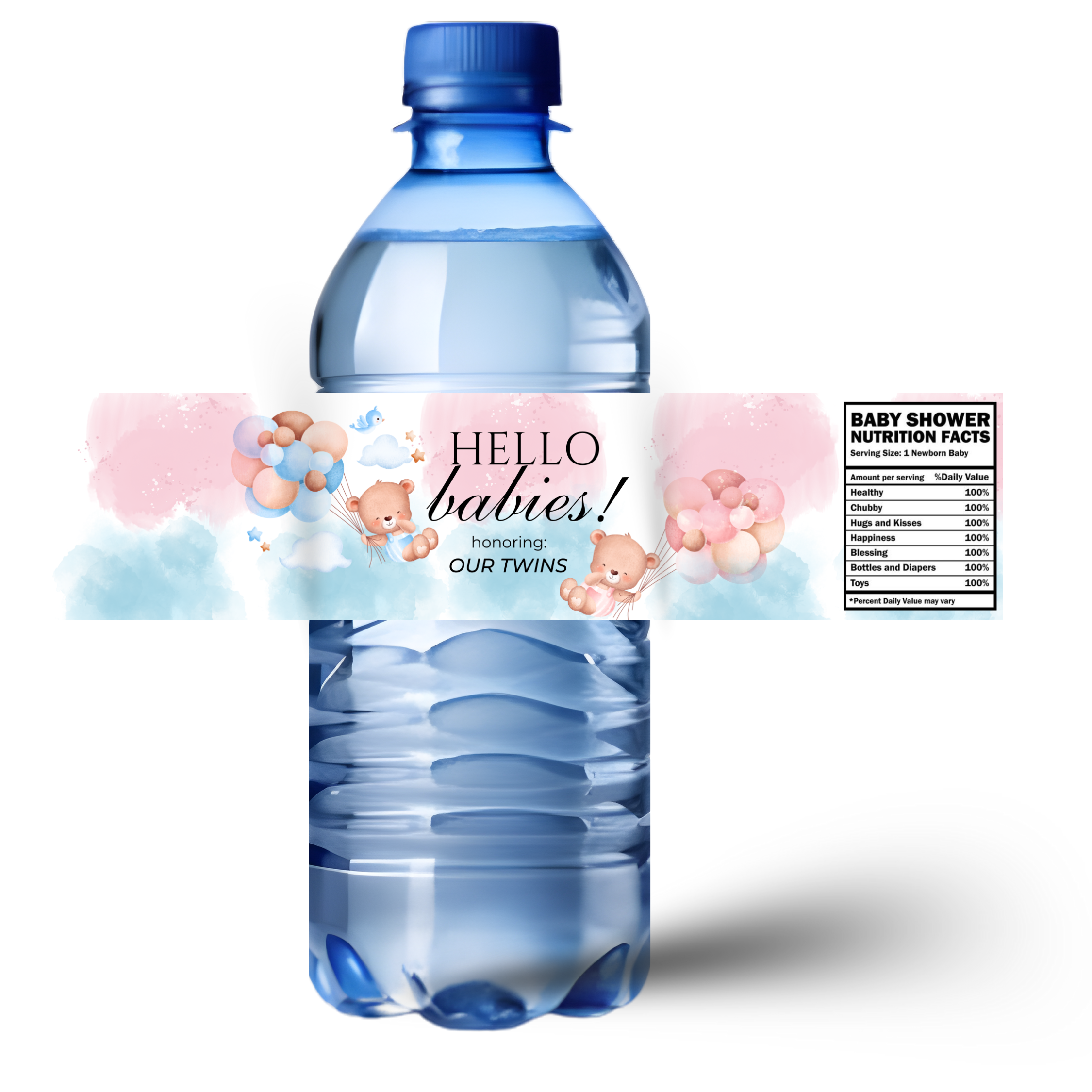 Twins Baby Shower Water Bottle Labels | Hello Babies Theme | Blue Pink Clouds and Teddy Bears | Glossy
