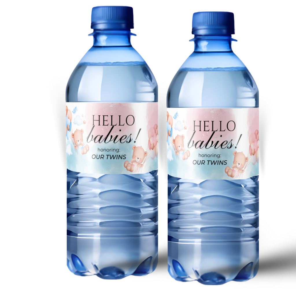 Twins Baby Shower Water Bottle Labels | Hello Babies Theme | Blue Pink Clouds and Teddy Bears | Glossy