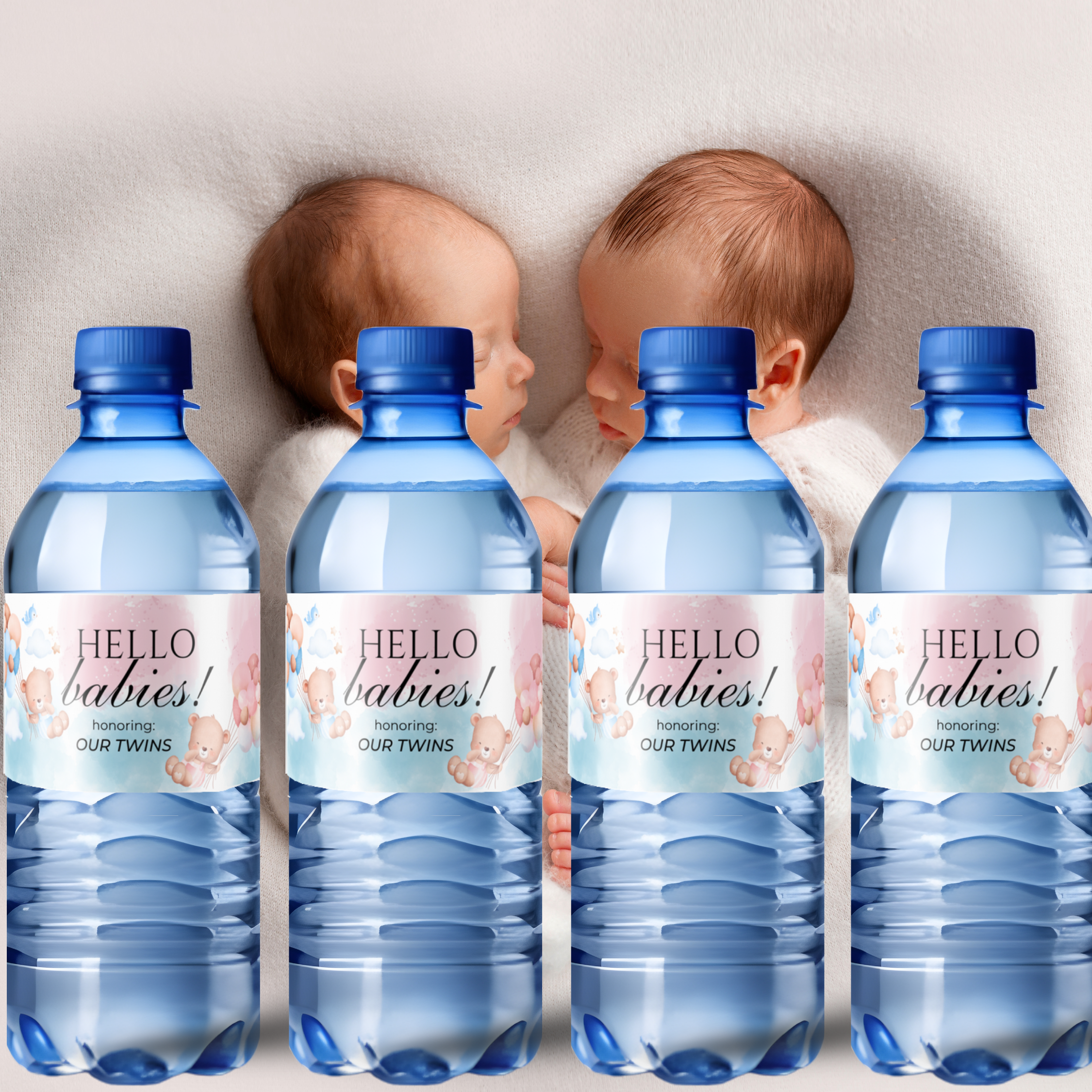 Twins Baby Shower Water Bottle Labels | Hello Babies Theme | Blue Pink Clouds and Teddy Bears | Glossy