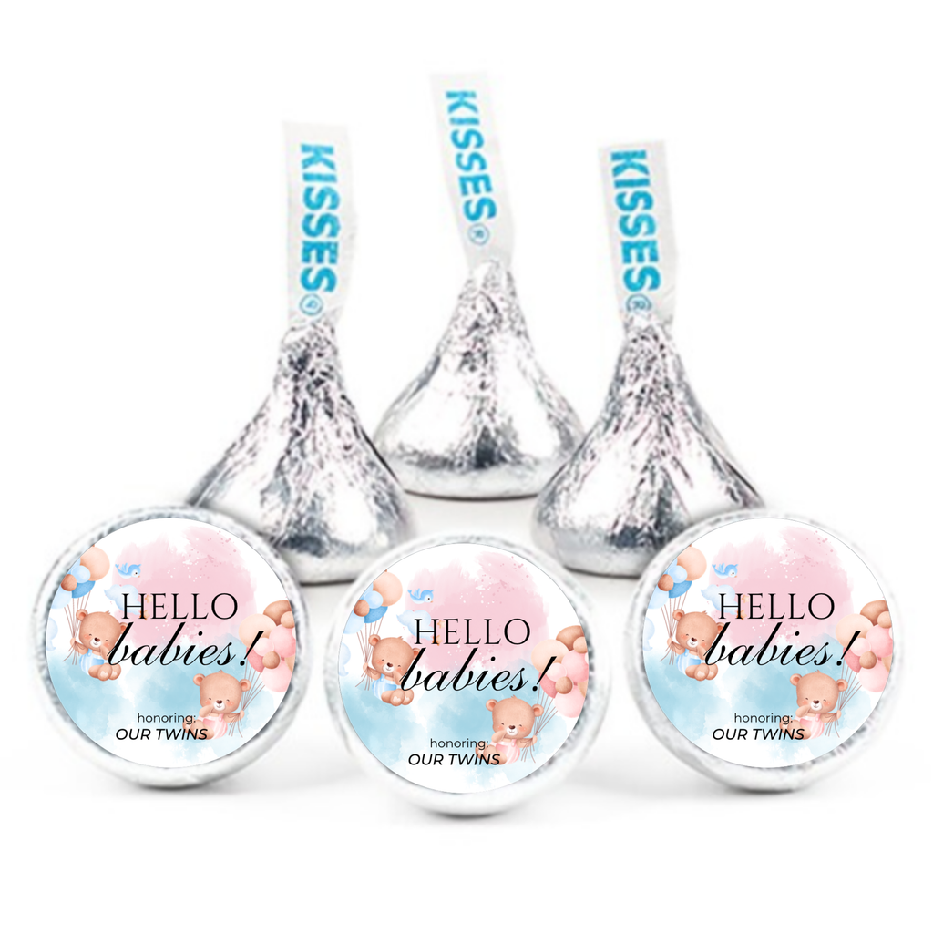 Twin Baby Shower Chocolate Candy Stickers, Hello Babies Theme, Set of 100, 0.75 Inch Round Labels, Pink and Blue Design