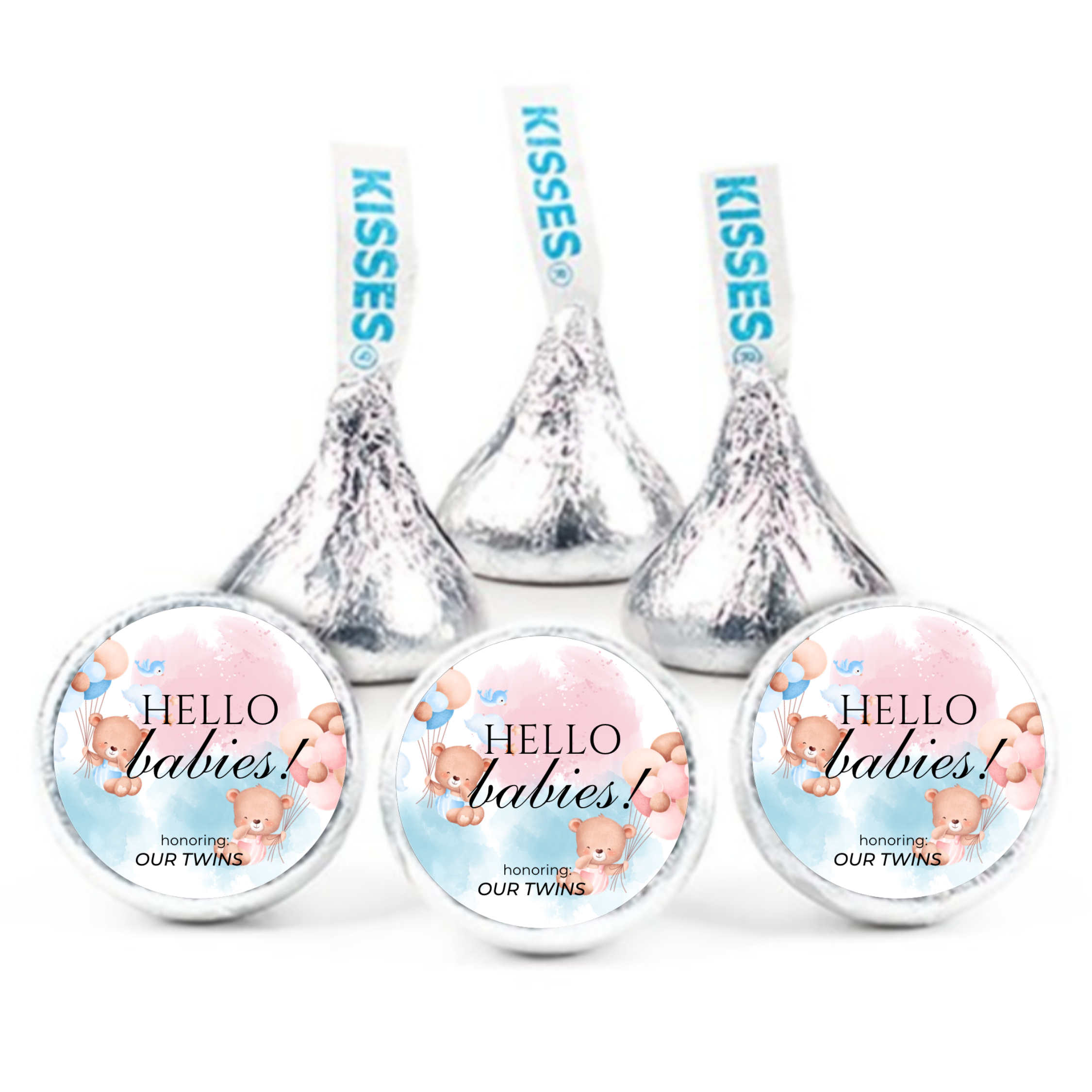 Twin Baby Shower Chocolate Candy Stickers, Hello Babies Theme, Set of 100, 0.75 Inch Round Labels, Pink and Blue Design