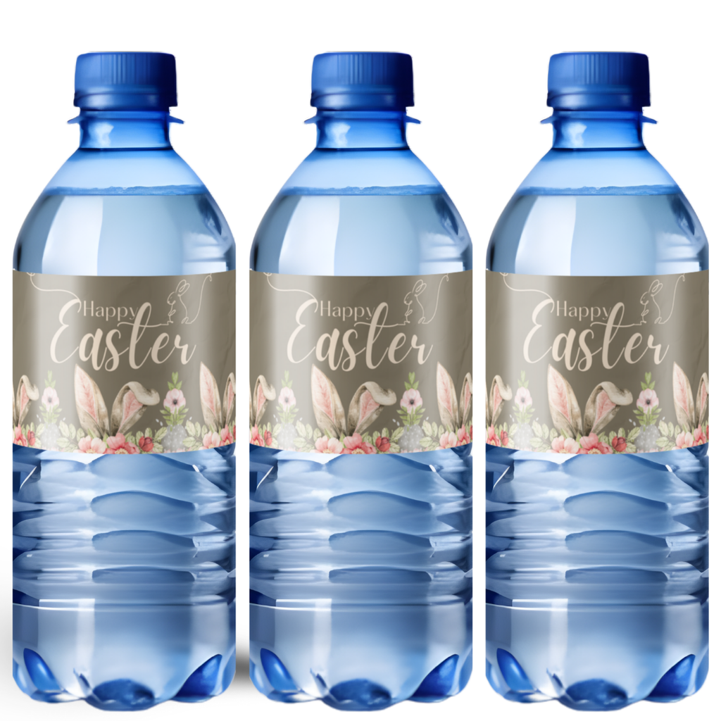Happy Easter Water Bottle Labels | Bunny Ears Floral Design | Spring Party Decor |12ct| Glossy