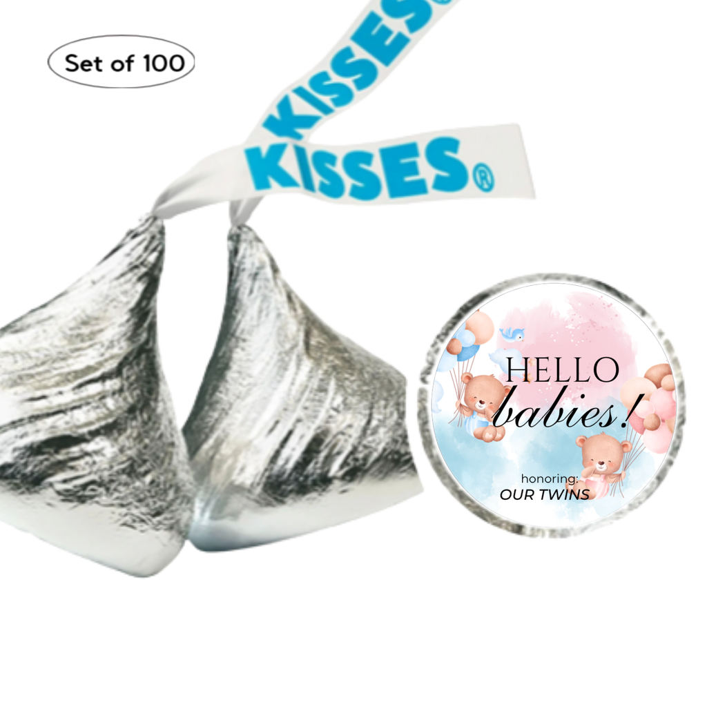 Twin Baby Shower Chocolate Candy Stickers, Hello Babies Theme, Set of 100, 0.75 Inch Round Labels, Pink and Blue Design