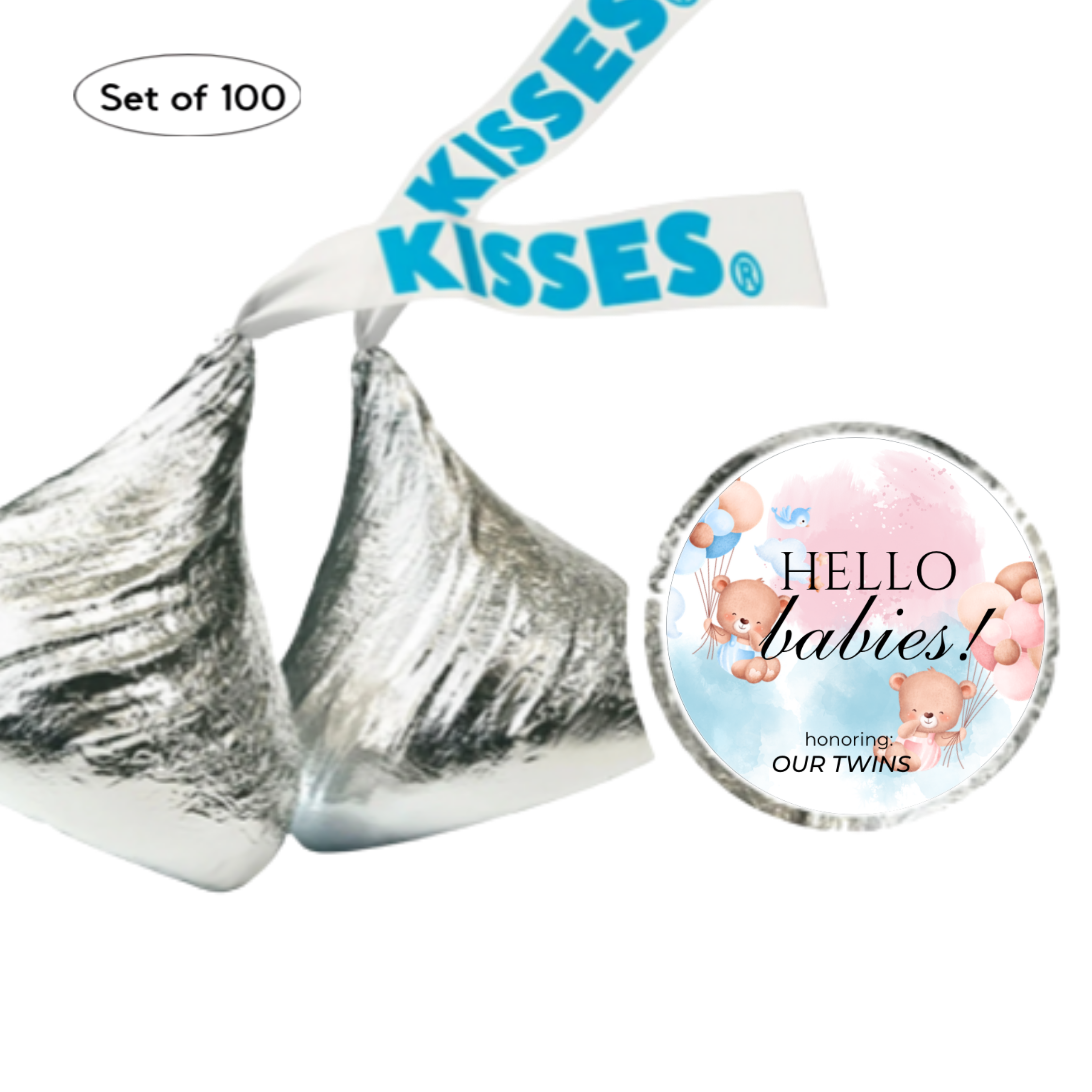 Twin Baby Shower Chocolate Candy Stickers, Hello Babies Theme, Set of 100, 0.75 Inch Round Labels, Pink and Blue Design